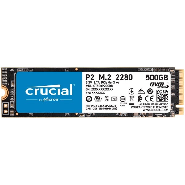 CRUCIAL P2 500GB SSD, M.2 2280, PCIe Gen3 x4, ReadWrite: 2300940 MBs, Random ReadWrite IOPS: 95K215K ( CT500P2SSD8 ) 