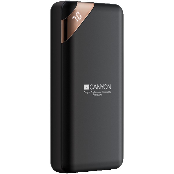 CANYON Power bank 20000mAh  Li-poly battery, Input 5V2A, Output 5V2.1A(Max), with Smart IC and power display, Black, USB cable length 0.25m, 137*67*25mm, 0.360Kg ( CNE-CPBP20B ) 