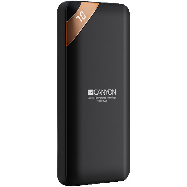 CANYON PB-102 Power bank 10000mAh Li-poly battery, Input 5V2A, Output 5V2.1A(Max), with Smart IC and power display, Black, USB cable length